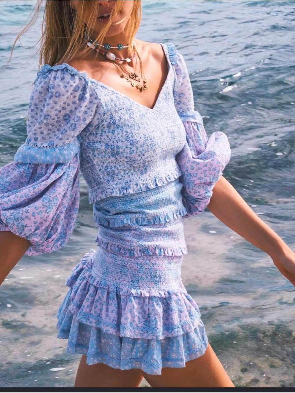 LoveShackFancy Pastel Blue & Lilac Floral Mini Dress